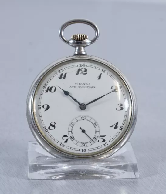 DOXA Stahl Taschenuhr Handaufzug prämiertes Uhrwerk 2 Deckel Open Face 1930er J.