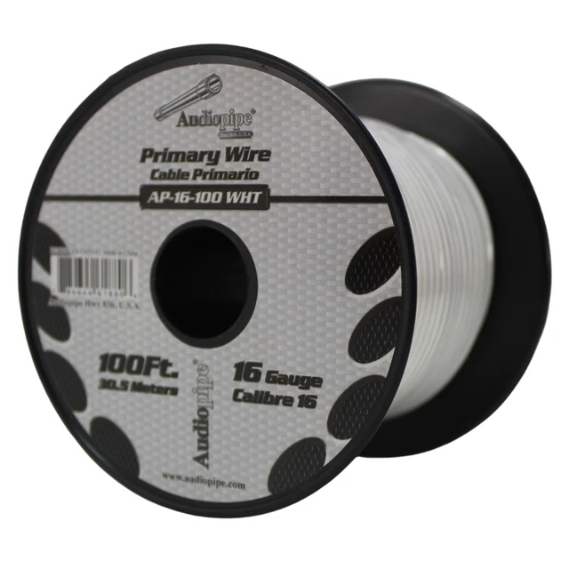 Audiopipe One calibre 16 100 pies carrete de altavoz primario CCA blanco 16-100-WHT