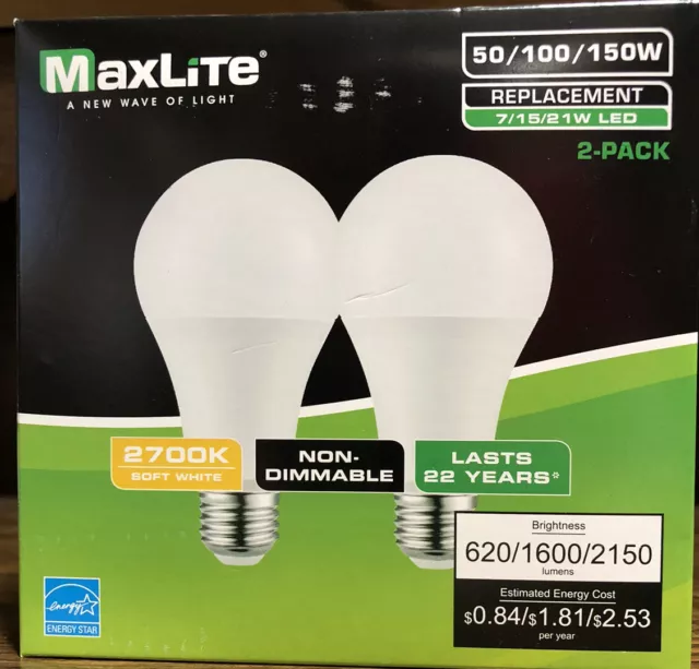 Maxlite 3 Way 7/15/21w LED Bulb (40/60/100W Replacement) Warm-2700K 2-Pack NIB