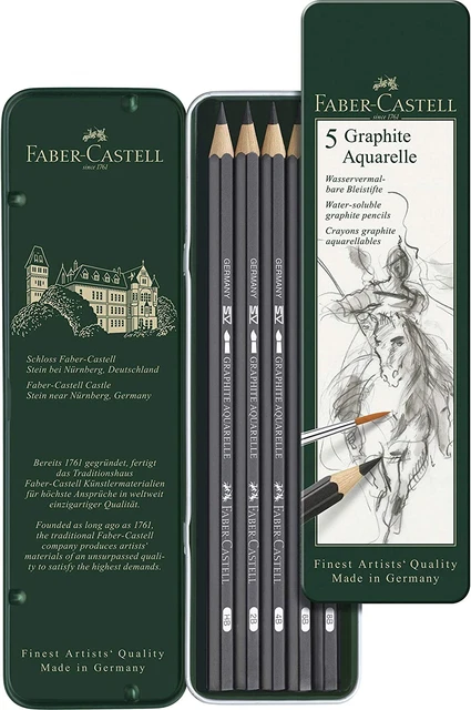 Lápices de acuarela de grafito solubles en agua de 5 piezas de calidad Faber-Castell en lata,