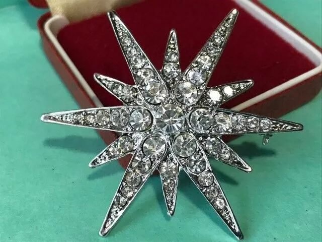 Art Deco Style Sparkling Crystal STAR PENDANT BROOCH Shawl Pin Jewellery