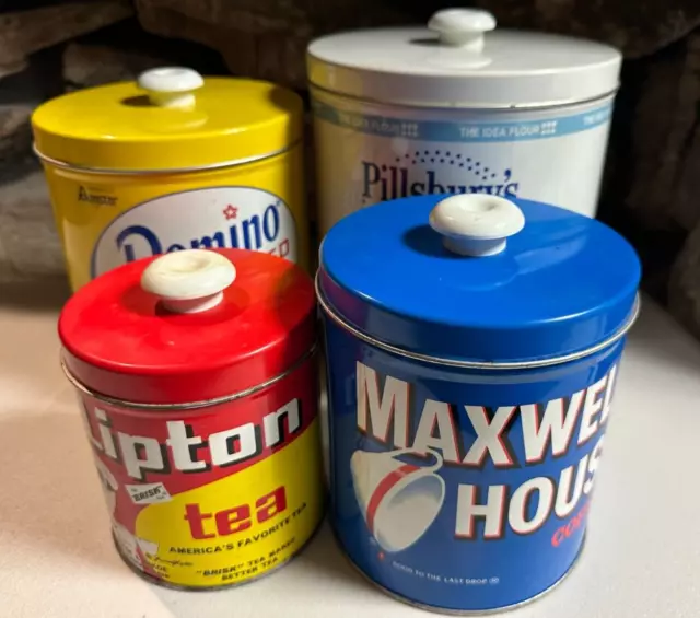 4 Vintage JL Clark Tins Canisters Pillsbury Domino Maxwell Lipton    Free Ship