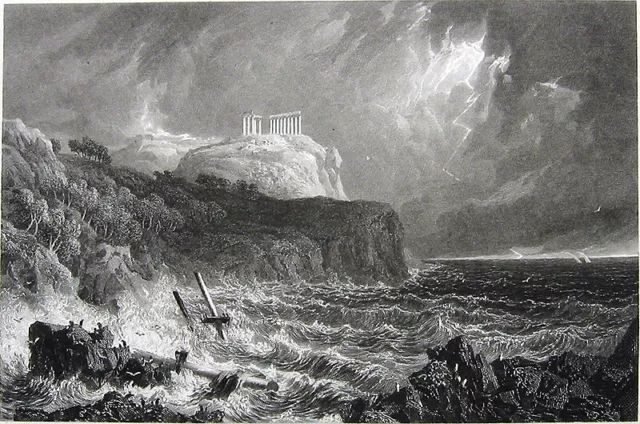 Greece Cape Sounion POSEIDON TEMPLE RUINS STORMY SEAS ~ 1829 Art Print Engraving