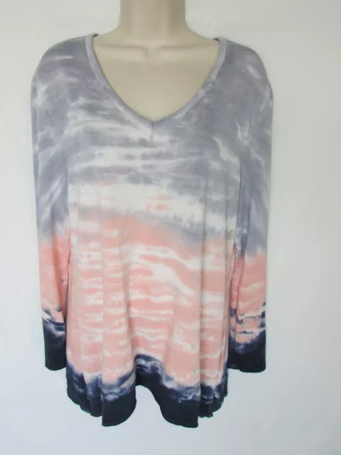 GREEN TEA WOMANS L blue pink white tie dye soft stretch vneck long sleeve LOUNGE