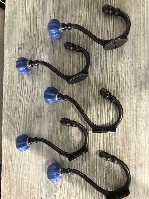 Antique Cast Iron Wall Hooks Rustic Blue Pumpkin Hat Coat Towel Hanging Lot of 5
