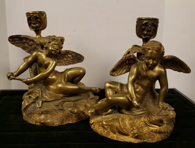 Pair of Vintage Ornate Brass Metal Angel Cherub Candle Holders