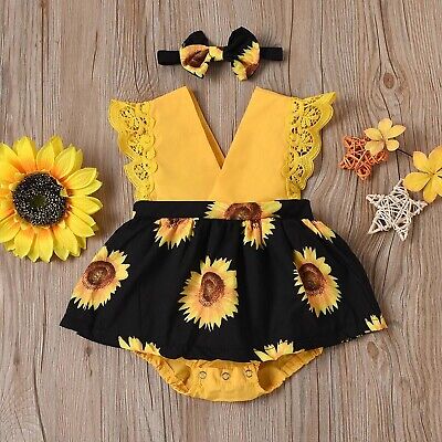 Newborn Baby Girl Sleeveless Sunflower Print Romper Jumpsuit+Headband Set Outfit