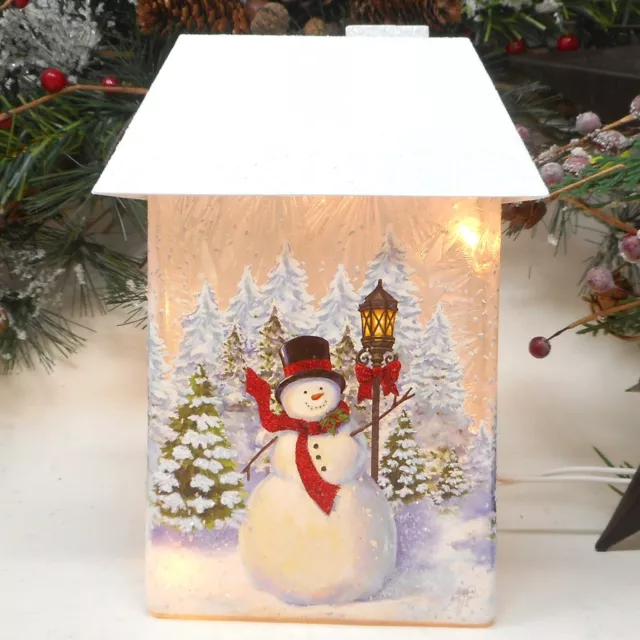 Snow Country Waving Snowman with Lamp Post 7" Tall Pre-Lit Glass House GLL1392