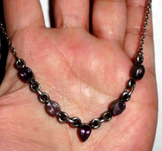 Sterling Silver Amethyst Pendant Necklace Facetted Bezel Set 5-Stone 16"