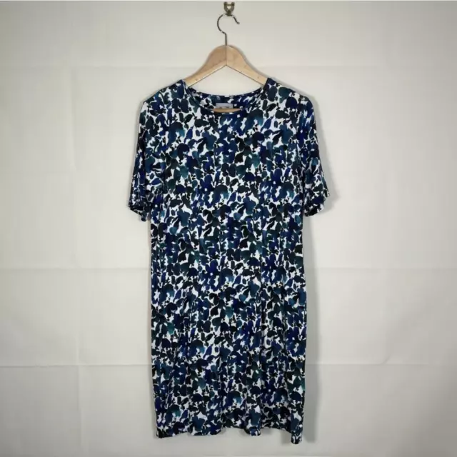 Jigsaw Dress Blue Womens Size Medium Short Sleeve Patterned Stretch Party