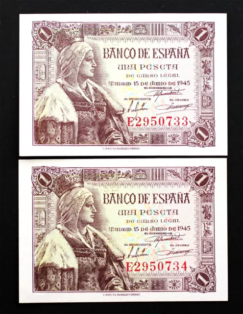 Spain-Estado Español. Pareja de 1 Peseta 1945. Madrid. Serie E. SC/UNC