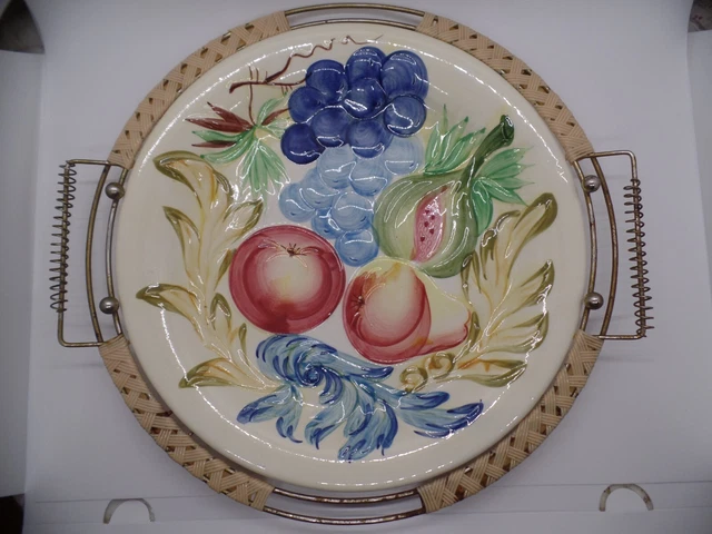Vtg Souritsu Akechi Japan Hand Painted Ceramic Fruit Platter Brass Stand c1960's