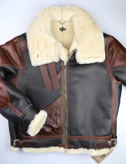 Men Real Sheepskin Military Flight Jacket B3 Aviator Bomber Leather Fur Jacket