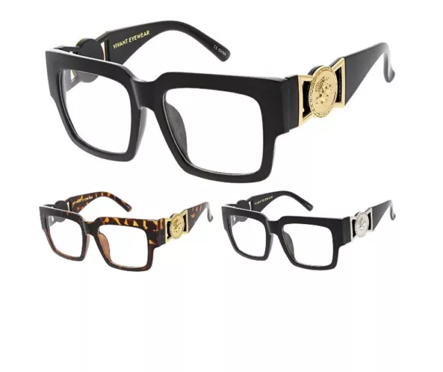 Square Gold Coin Lion Head Buckle Sunglasses Clear Lens Retro Designer Fashion