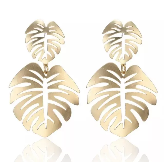 Large Gold Leaf Fashion Statement Long Dangle Earrings UK