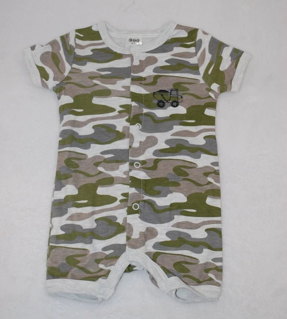 Baby Boys GREEN CAMO SHORTS ROMPER JUMPER Snap Fasten DUMP TRUCK Size 3-6 MO