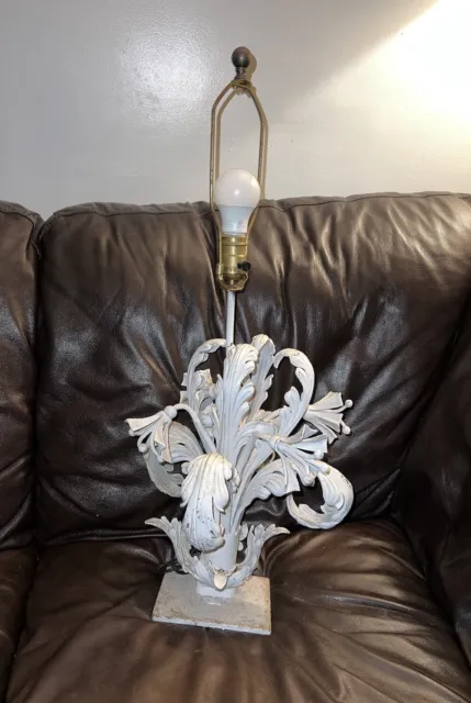 Vintage Metal White Floral Toleware Table Lamp Flowers Iron (Works Great)