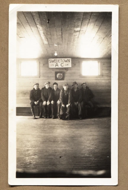 Men Sitting @ SWEDETOWN Lodge Calumet Michigan Copper Country MI 1934 Photo RPPC