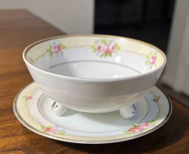 Vintage Nippon 3- Footed Mayonnaise Bowl w/Underplate Gold Trim/Hand Painted ~