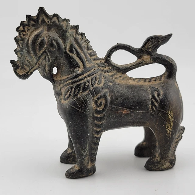 Asian Thai Singha Lion Figure Temple Guardian Cast Bronze 4"Long x 3.5"Tall