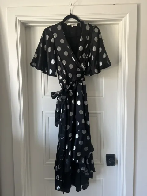 Diane Von Furstenberg Black Metallic Dot Silk Wrap Dress Size 6 Holiday Party