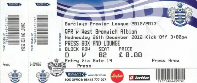 Ticket - Queens Park Rangers v West Bromwich Albion 26.12.12