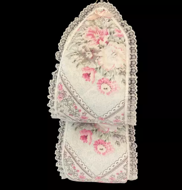 Handcrafted TOILET ROLL Hanging 3 Paper Roll Storer Pink Floral Print Lace Trim