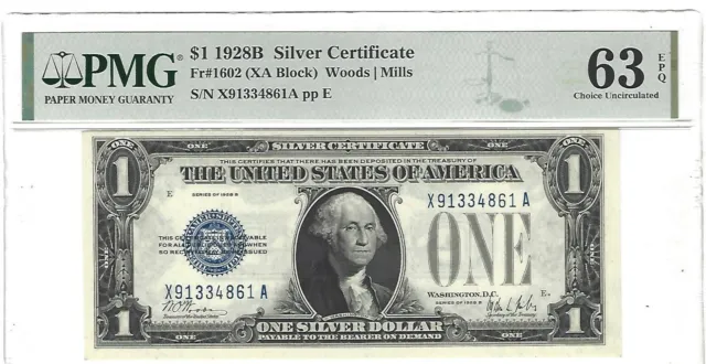 1928-B $1 Silver Certificate Small Note Woods/Mills Funny Back Pmg-63 Choice Unc