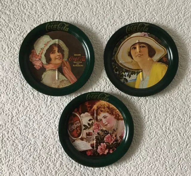 Vintage Coca Cola Coasters Set Of 3 Tin Litho Ohio Art Company Collectibles Coke