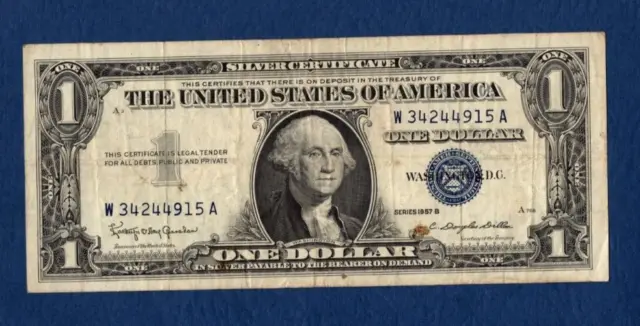 1957B Silver Certificate One Dollar Bill $1 Blue Seal Avg Circulated W34244915A