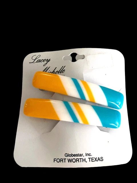 Vintage 80s Hair Clips Barrettes NEW Lacey Michelle Yellow Teal Stripe White 2 Vintage 80s Hair Clips Barrettes NEW Lacey Michelle Yellow  main image 4