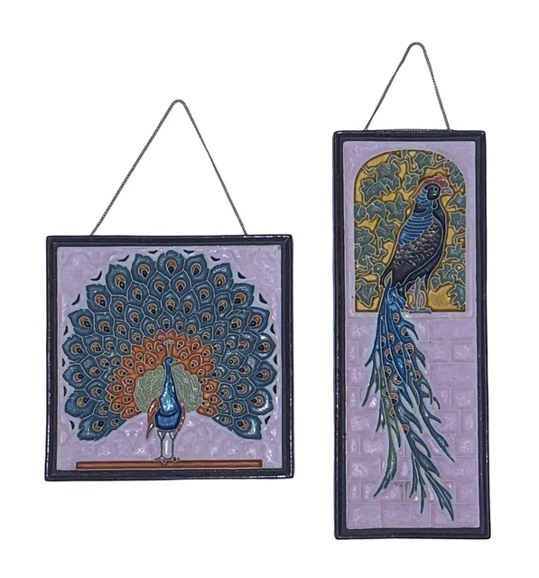 Pair Royal Delft Cloisonné Tile Arts & Crafts Peacock 8”x8” & 13”x5”