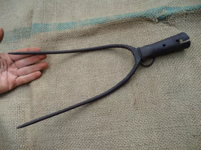 Antique Big Fork Pitchfork Hand Forged Iron Gardening Tool Vintage 19C