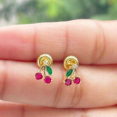 1Ct Round Cut Ruby Emerald & Diamond Stud Women Earrings 14K Yellow Gold Finish