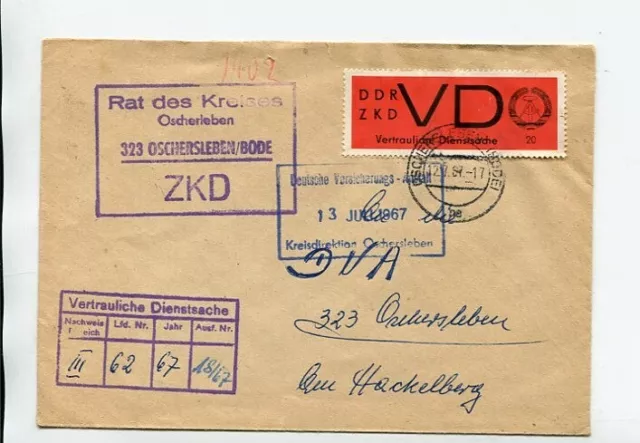 DDR Dienst D ZKD Brief Mi 3 x Oschersleben 12.7.67 Rat des Kreises