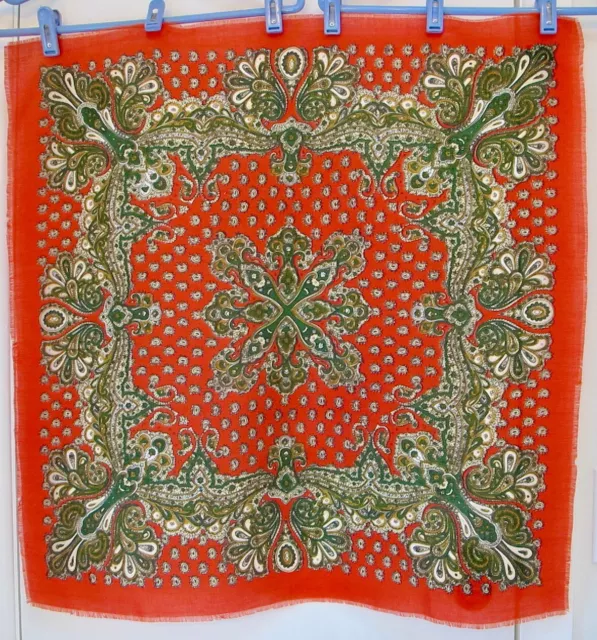 Scarf Wild Rag Made In Japan Green White Paisley on Red Fringe 26 Sq Acrylic