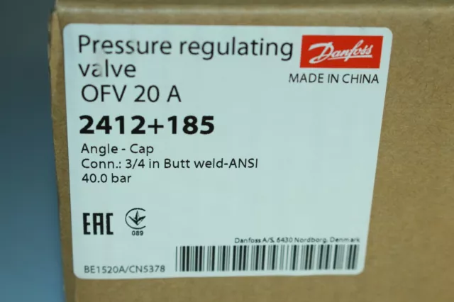 Danfoss Pressure regulating valve, OFV 20 2412+185 40 bar 580psig con. 3/4in