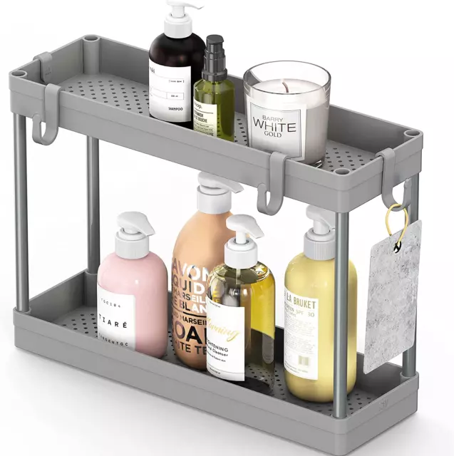 Simplehouseware 2-Tier under Sink Organizer Storage Tray with Hooks, Grey 3