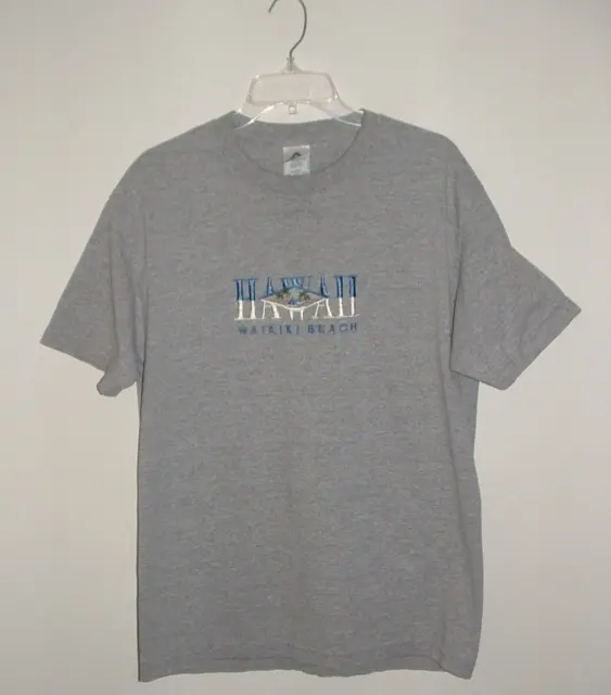 Hawaii Waikiki Beach Embroidered T-Shirt, L, Cotton/Polyester, Gray, pre-owned
