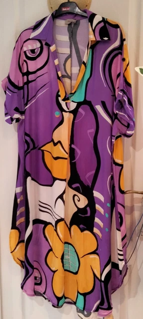 Robe Longue Violette à Motifs Multicolores Taille 52/54 - Style Caftan En Viscose/soie, Occasion Très Bon état