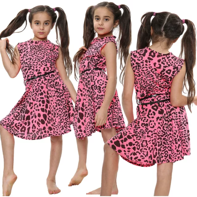 Kids Girls Skater Dress Leopard Print Neon Pink Dance Party Summer Dresses 5-13