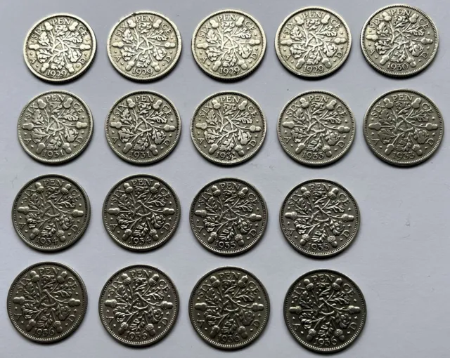 Set of 18 Silver King George V Sixpence Coins (1929 to 1936) - V Good Condition