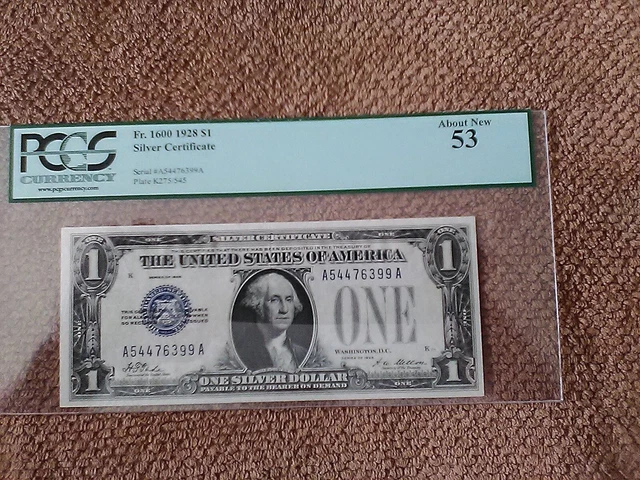 1928 $1 One Dollar Silver Certificate Note, Very Nice, An,Pcgs 53,Mule,Blue Seal