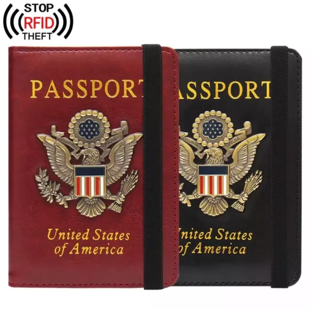 1 US Passport Vaccine Card Holder RFID Blocking Leather Travel Wallet Case Cover