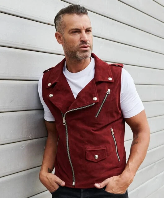 Gilet in pelle per uomo Giacca in pelle scamosciata bordeaux Taglia XS SML...