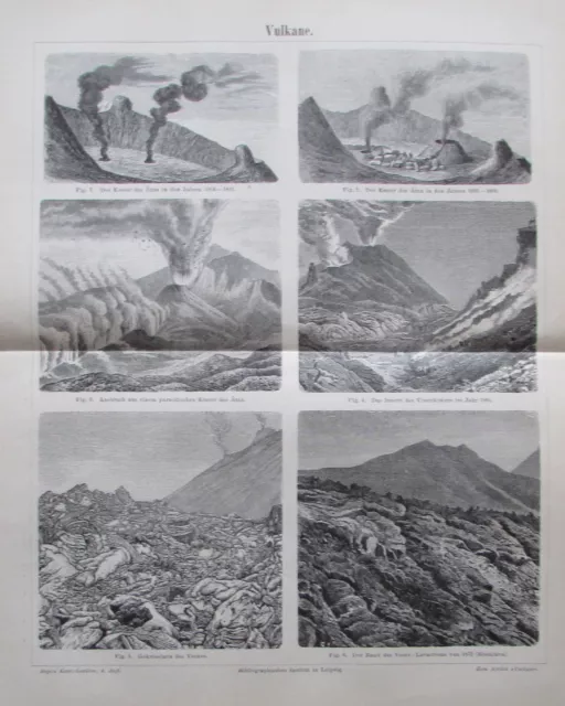 1890 VULKANE alter Druck Antique Print Lithografie Volcanoes