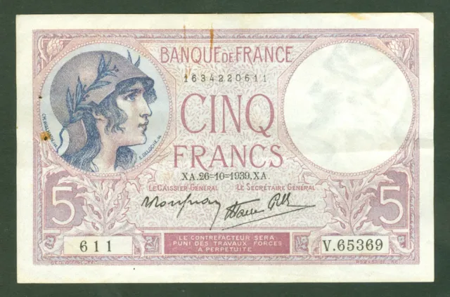 FRANCE 5 FRANCS VIOLET du 26 10 1939  ETAT: TTB  lot V 65369 611