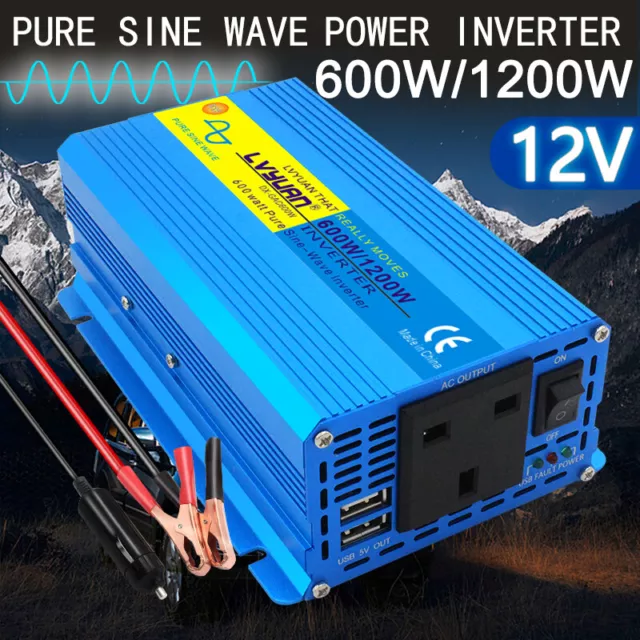 DC 12V to AC 230V Pure Sine Wave Power Inverter 600W 1200W Converter Car 2 USB