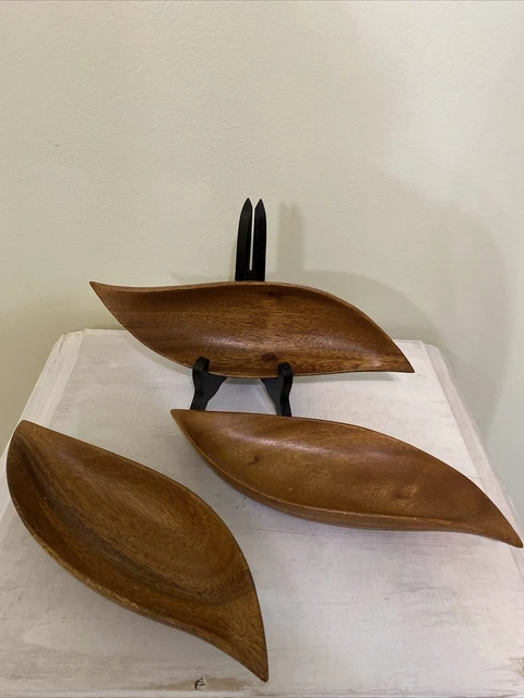 Vtg Lot Of 3 Hawaii Signed Dark Wood Monkey Pod Serving Dish Bowl 10 Inches Long