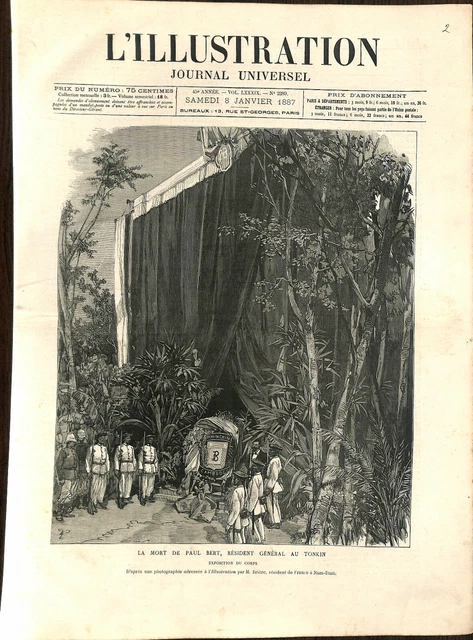 Mort à  Hanoï Vietnam de Paul Bert,résident général d'Annam-Tonkin GRAVURE 1887